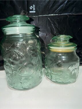 2- Libbey look Vintage Green Glass Canisters Fruit Design 1990s KitchenFarmhouse